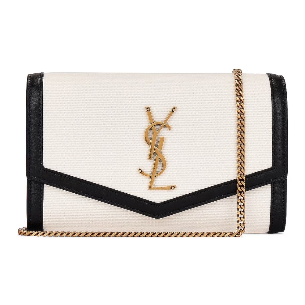 Saint Laurent YSL Uptown Blanc Natural & Noir Leather Wallet on a Chain NEW